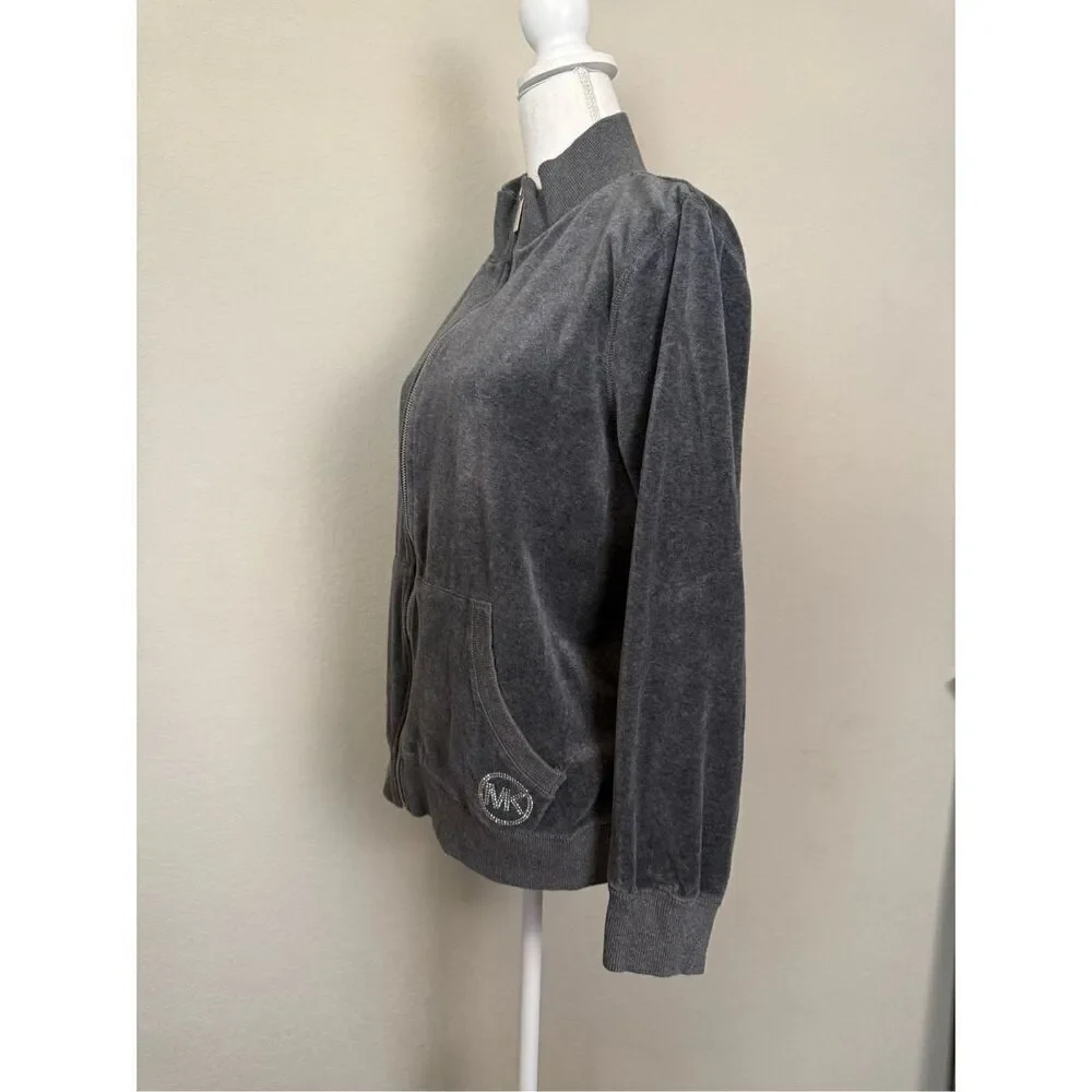 Michael Kors Velour Zip Up Track Jacket Rhinestone XL  navy gray